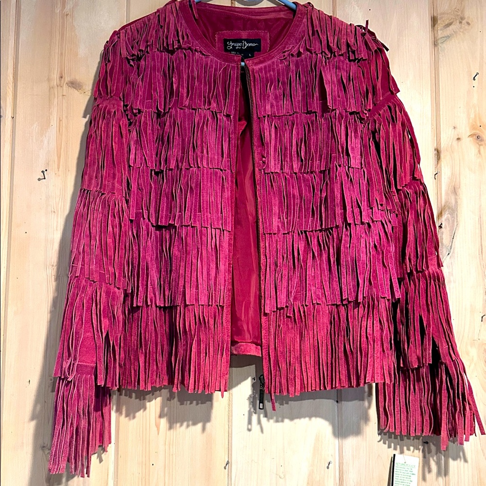 PROSPER & Devine pink suede fringe jacket large new with tags